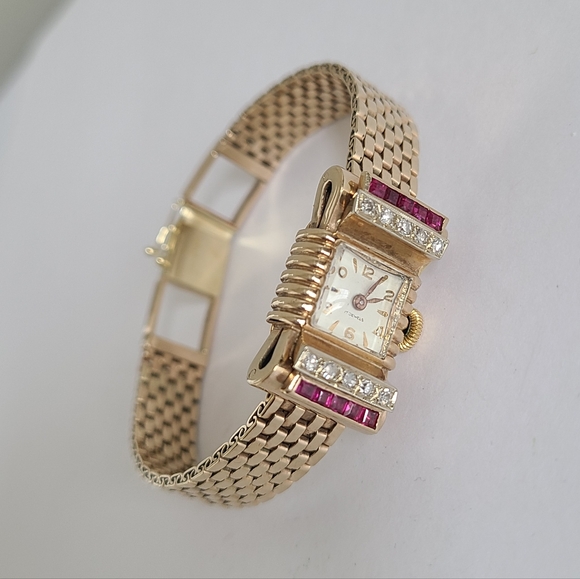 Vintage Accessories - Antique 14K Yellow Gold Custom 17 Jewel Luxury Diamond Ruby Wind Up Manual Watch